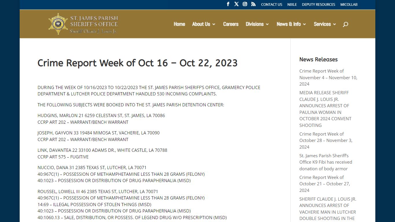 Crime Report Week of Oct 16 – Oct 22, 2023 | St James Parish Sheriff's ...