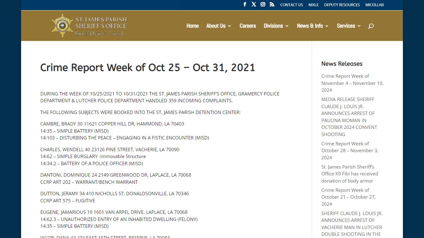 Crime Report Week of Oct 25 – Oct 31, 2021 | St James Parish Sheriff's ...